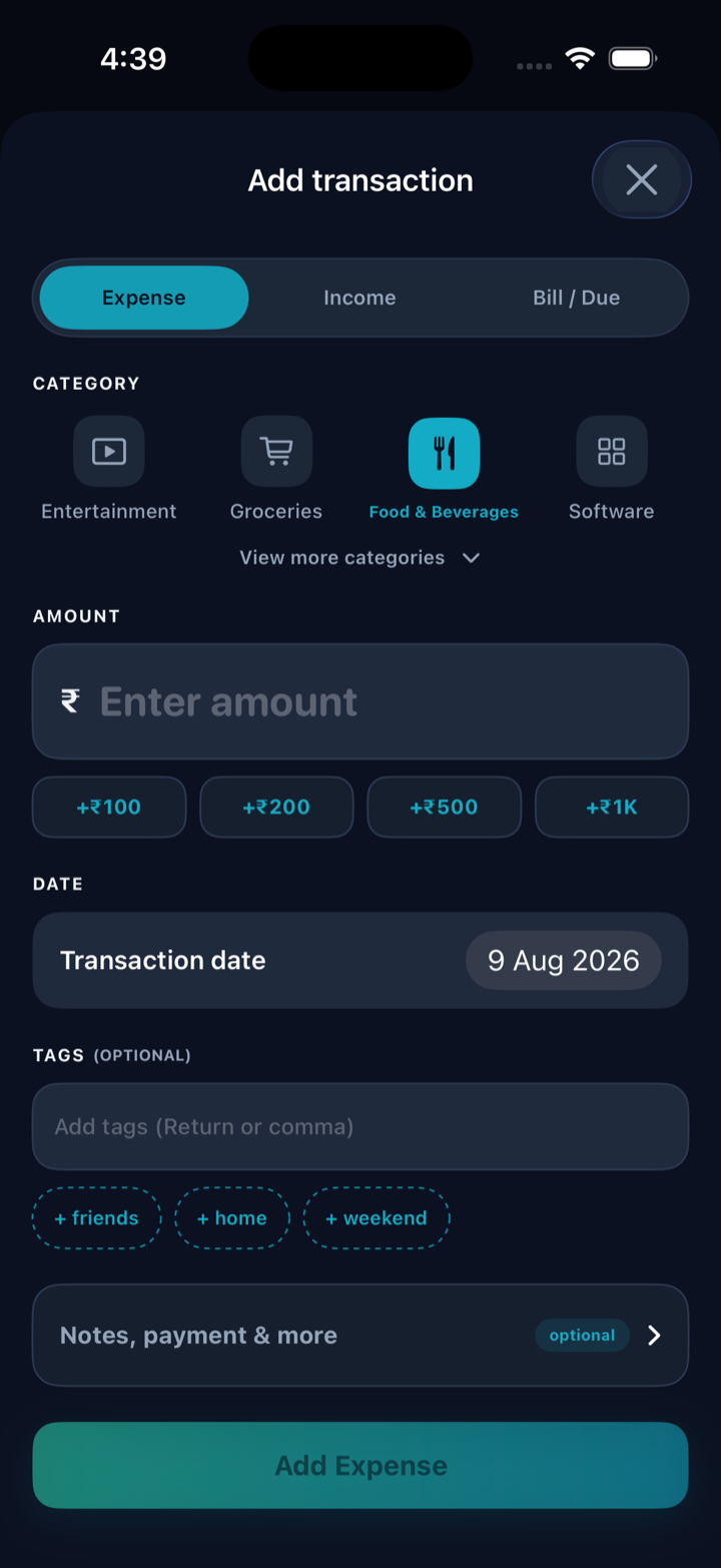 Finalyse.ai Add transaction screen with expense categories, amount shortcuts, date, tags, and notes.