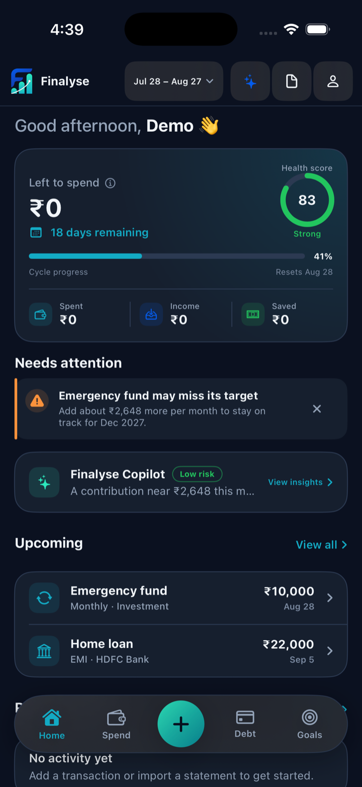 Finalyse.ai iPhone home dashboard showing financial health, upcoming payments, an emergency-fund alert, and AI copilot insights.