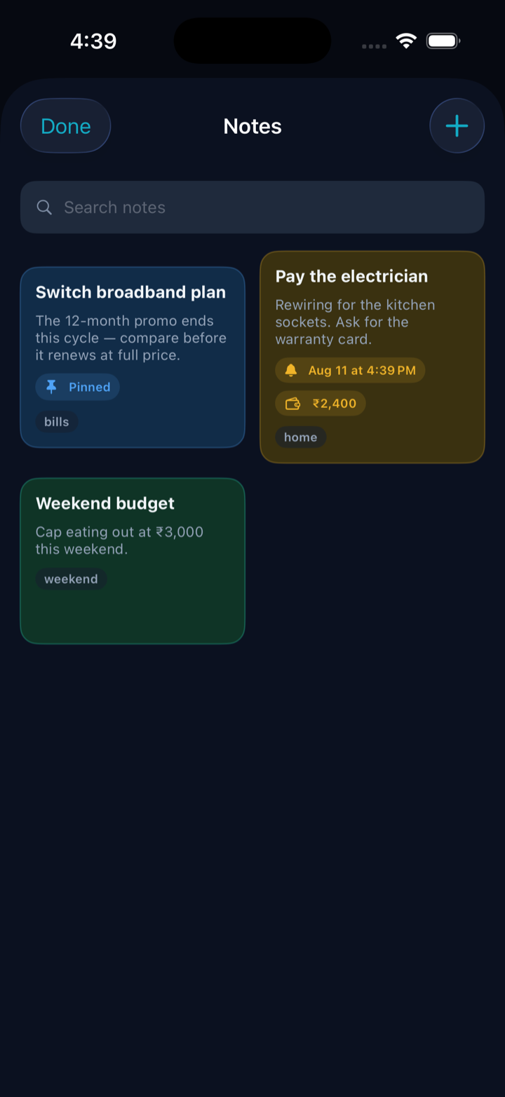 Finalyse.ai Notes screen with pinned reminders, scheduled payments, and tagged budget notes.